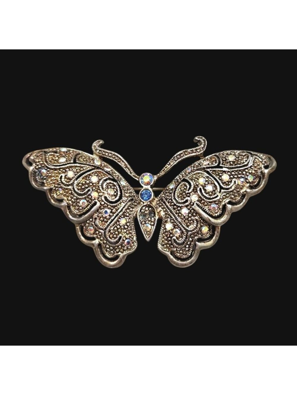 Vintage Butterfly Brooch AB Rhinestones Ornate Beaded Texturing Open Casting
